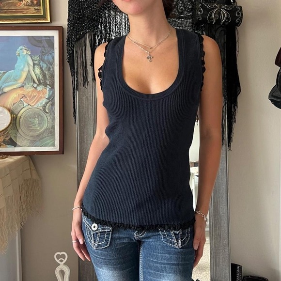 GF FERRE Tops - GF FERRE Black Ribbed Cotton Basic Tank Top with Lace Trim Detail MEDIUM